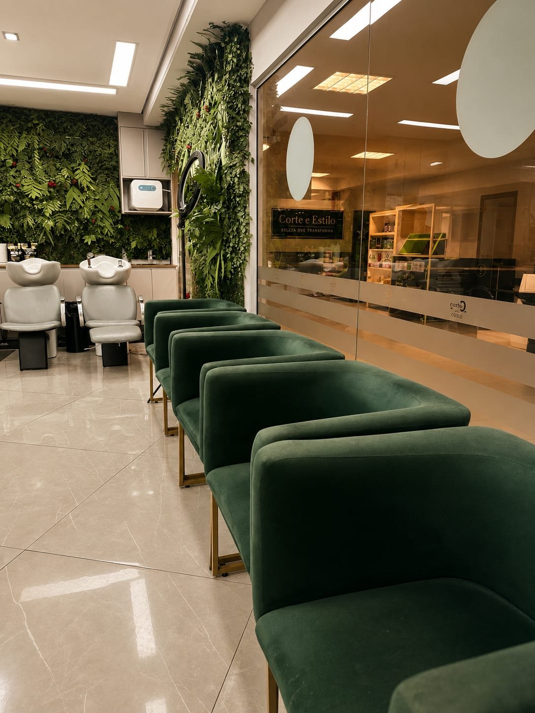 Área de espera com poltronas verdes aveludadas em frente à vitrine do salão