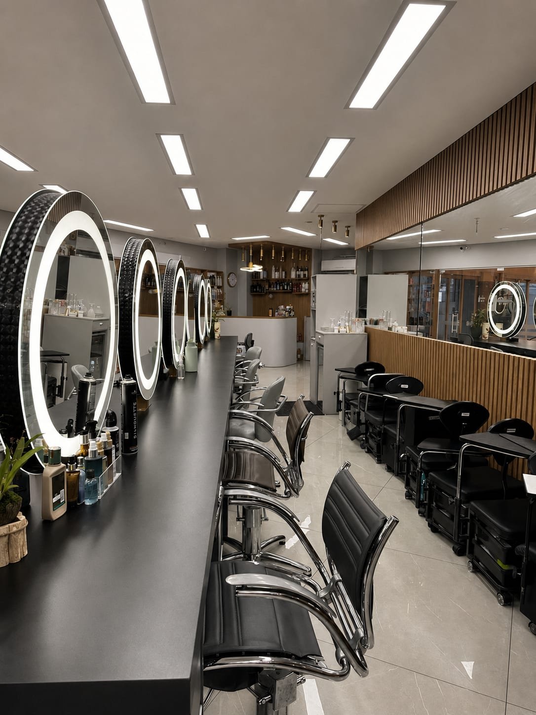 Longa estação de corte com espelhos redondos de LED