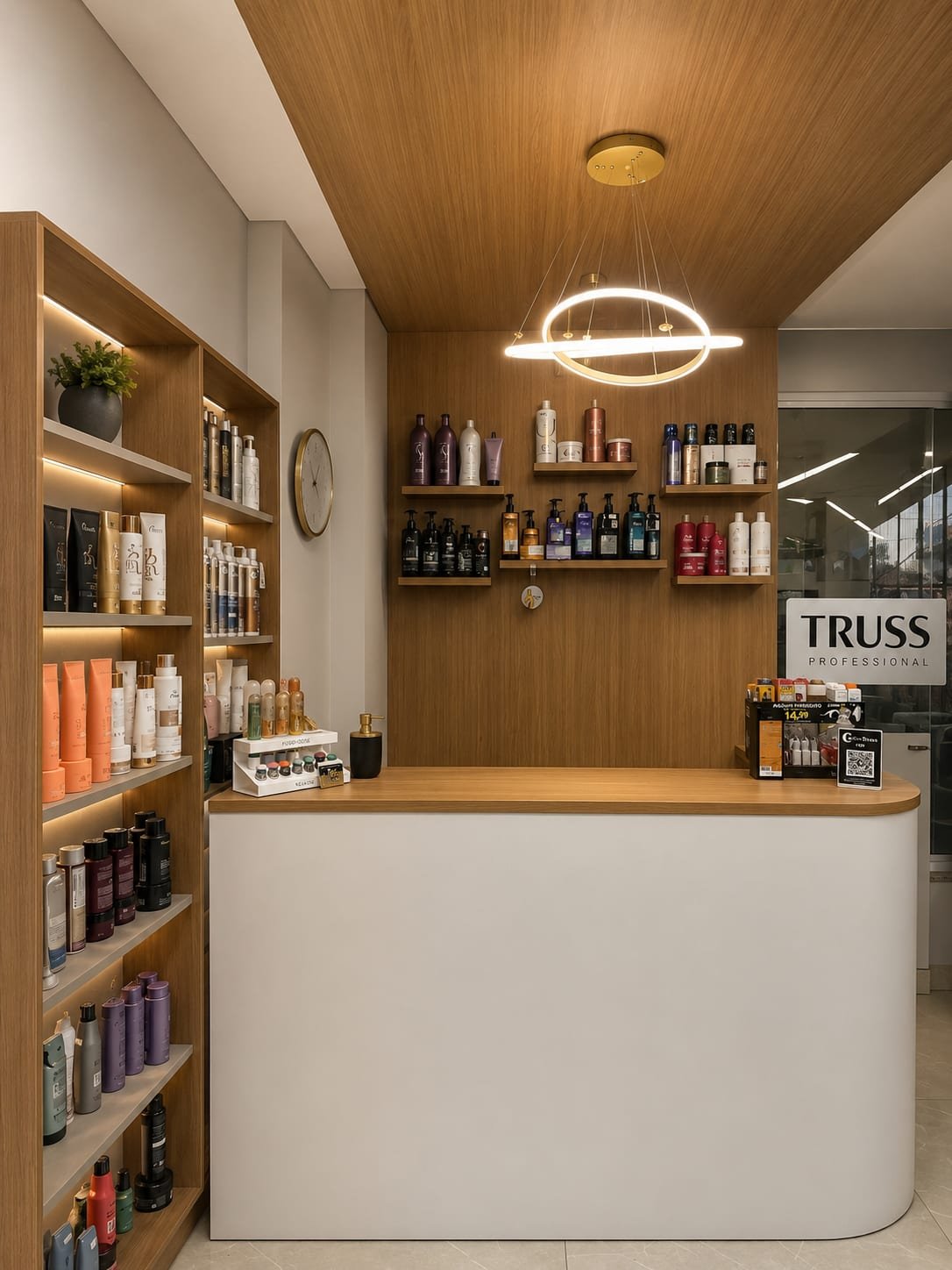Vitrine de produtos profissionais em prateleiras de madeira iluminadas