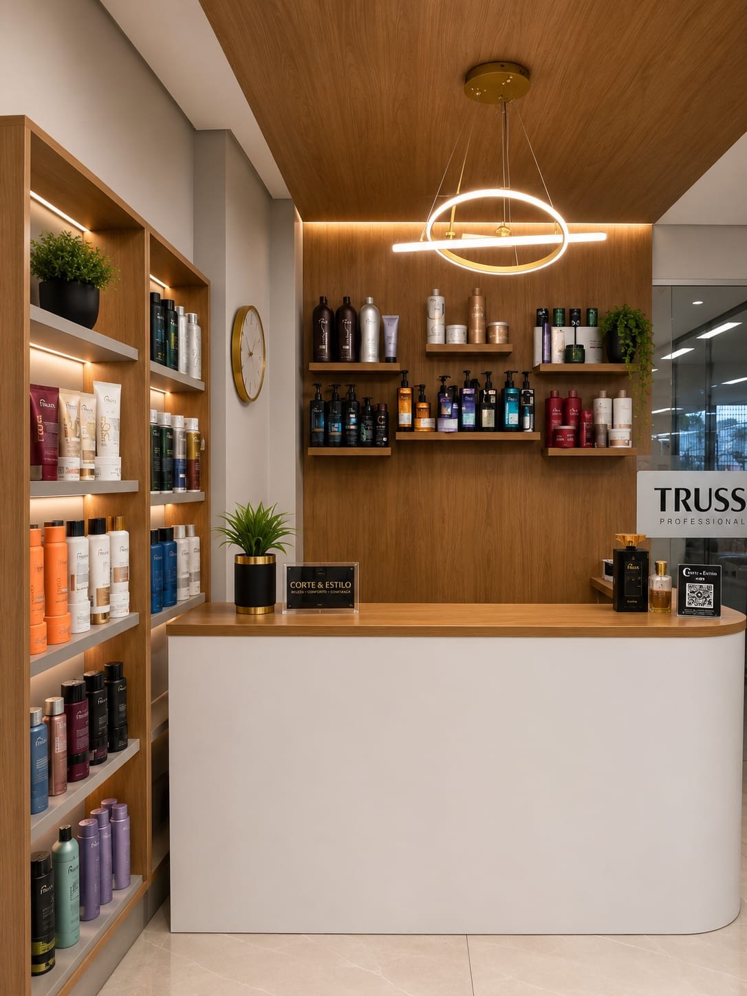 Balcão de recepção do salão com produtos profissionais e a marca Corte & Stilo